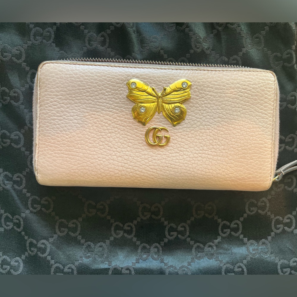 Authentic Gucci GG Butterfly Farfalla Zip Around Leather Long Wallet